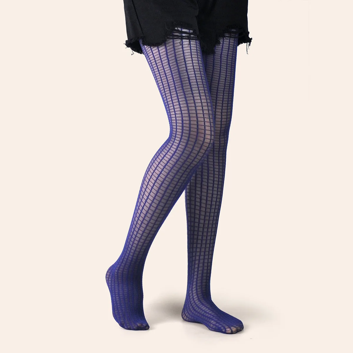 

Retro Blue Plaid Jacquard Women's Pantyhose Fashion Chequer Thin Stretch Hottie Lolita Block Patchwork Slimming Sexy Tights