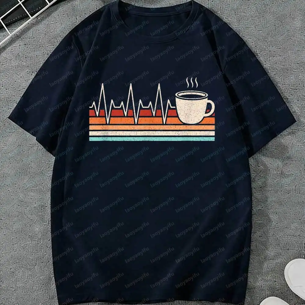 Coffee Heartbeat Coffee Lover Retro Cup of Coffee Men Women Gift Unisex T-Shirt Harajuku Men Clothing Graphic T Shirts Tops Tee