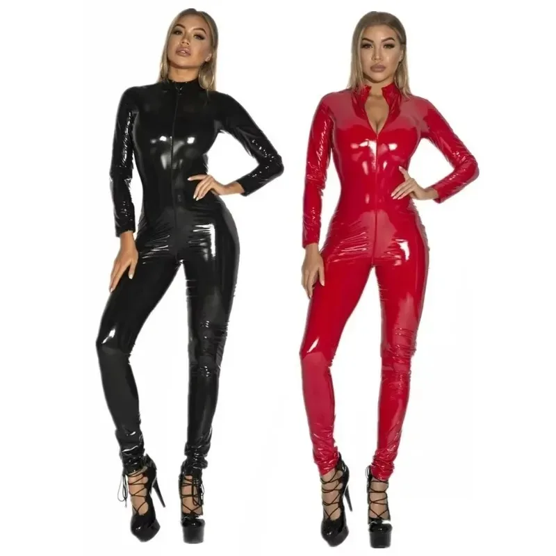 

Sexy Hot Wet Look PVC Catsuit Shiny PU Leather Long Sleeve Two Way Zipper Open Crotch Bodysuit Tights Cosplay Conjoined