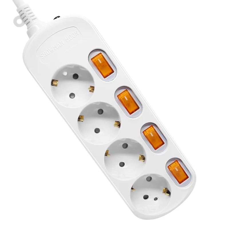 Europe 2Pin Power Strip 4 Mains Outlets with 4 Switch Surge Protection 3500W 16A Extension Cable 1.5/2.5Meters