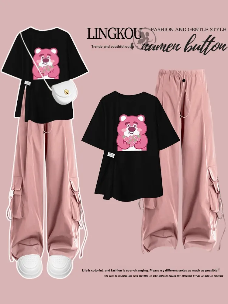 Summer Fashion T-Shirt And High Waist Wide Leg Pants Set Short Sleeve Printed Workwear Long Pants Slit Design Slimming Effect