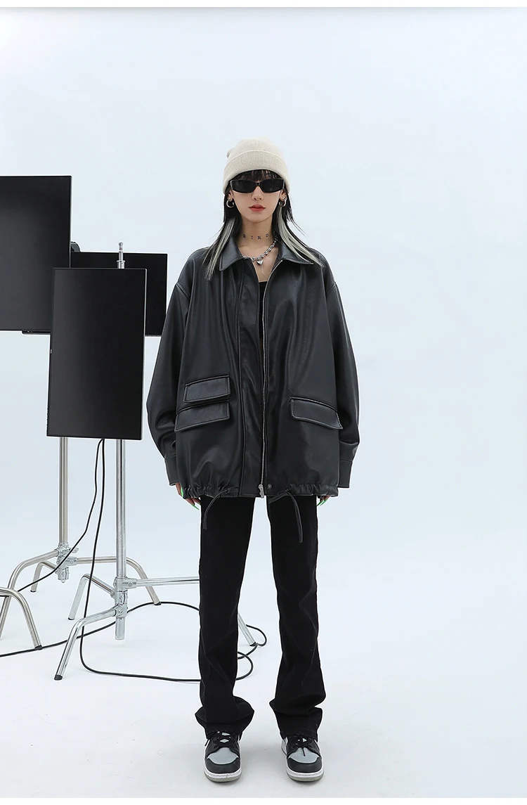 Lautaro Spring Autumn Oversized Casual Waterproof Black Soft Pu Leather Jacket Women with Drop Shoulder Long Sleeve Fashion 2022