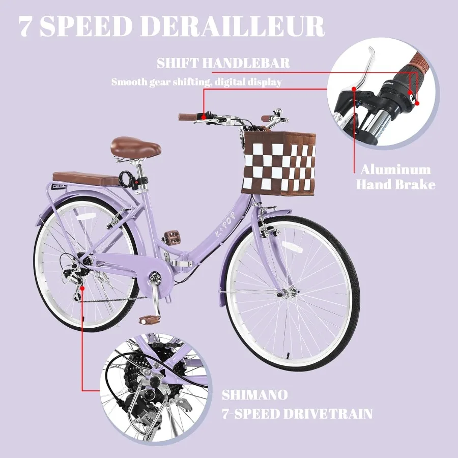 Складной пляжный велосипед Cruiser для женщин, 24 26-дюймовые велосипеды для женщин, 7-скоростной велосипед с корзиной, складные велосипеды для взрослых и женщин