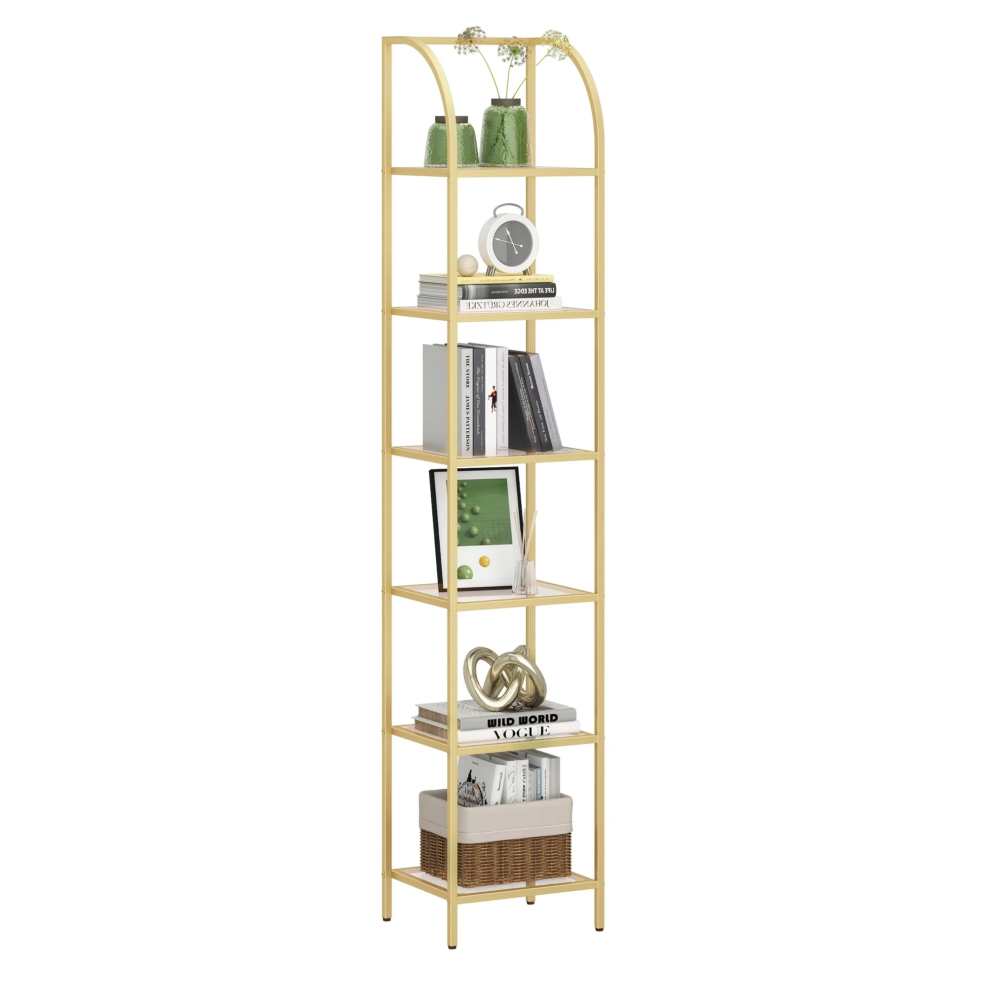 Bookcase Bookshelf, Tempered Glass Arched Bookshelf For More Storage, Slim Shelving Unit For Bedroom, Bathroom, Home Office