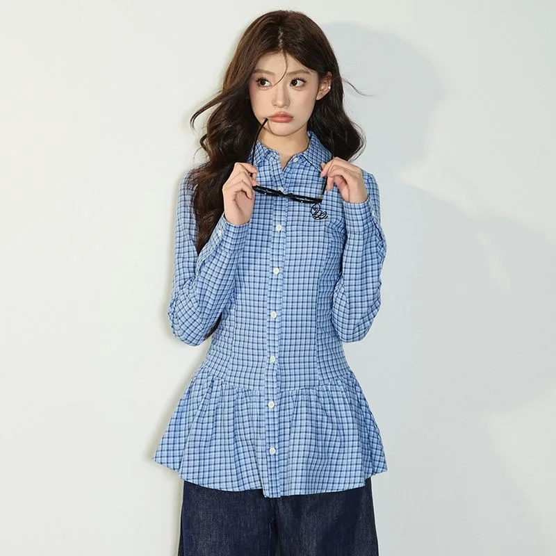 Korean Style Plaid Shirts Patchwork Elegant Youth Slim Blouse Harajuku Office Minimalist Casual Long Sleeve Autumn Clothes