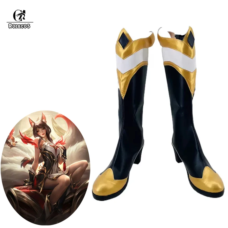 ROLECOS Game Game LOL Immortalized Legend Ahri Cosplay Shoes Gold Black Pu Leather Boots Women Men Halloween Party Cosplay Shoes