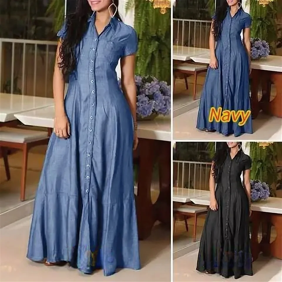 

New 2023 plus Size Casual Denim Dress Shirt Collar Pocket Full Skirt British Style Polyester Fiber A-Line Skirt Long Dress