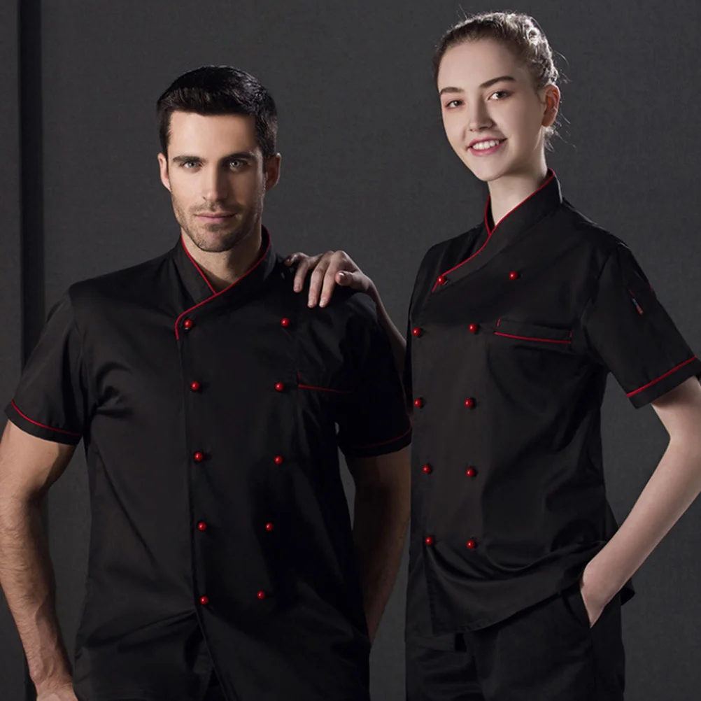 1Pcs Short Sleeve Black Premium Cotton Double-Breasted Comfortable Unisex Chef Jacket for Bakery Hotel Restaurant
