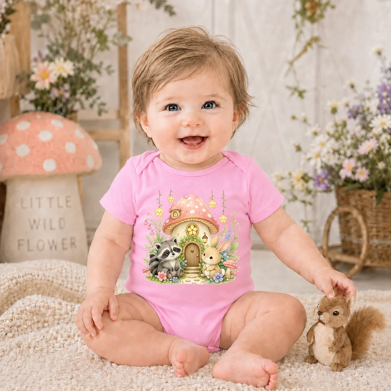 Short Sleeve Baby Bodysuit Woodland Raccoon Bunny Mushroom House Print Newborn Romper Cute Infant Girls Onesies Soft Cotton Bebe