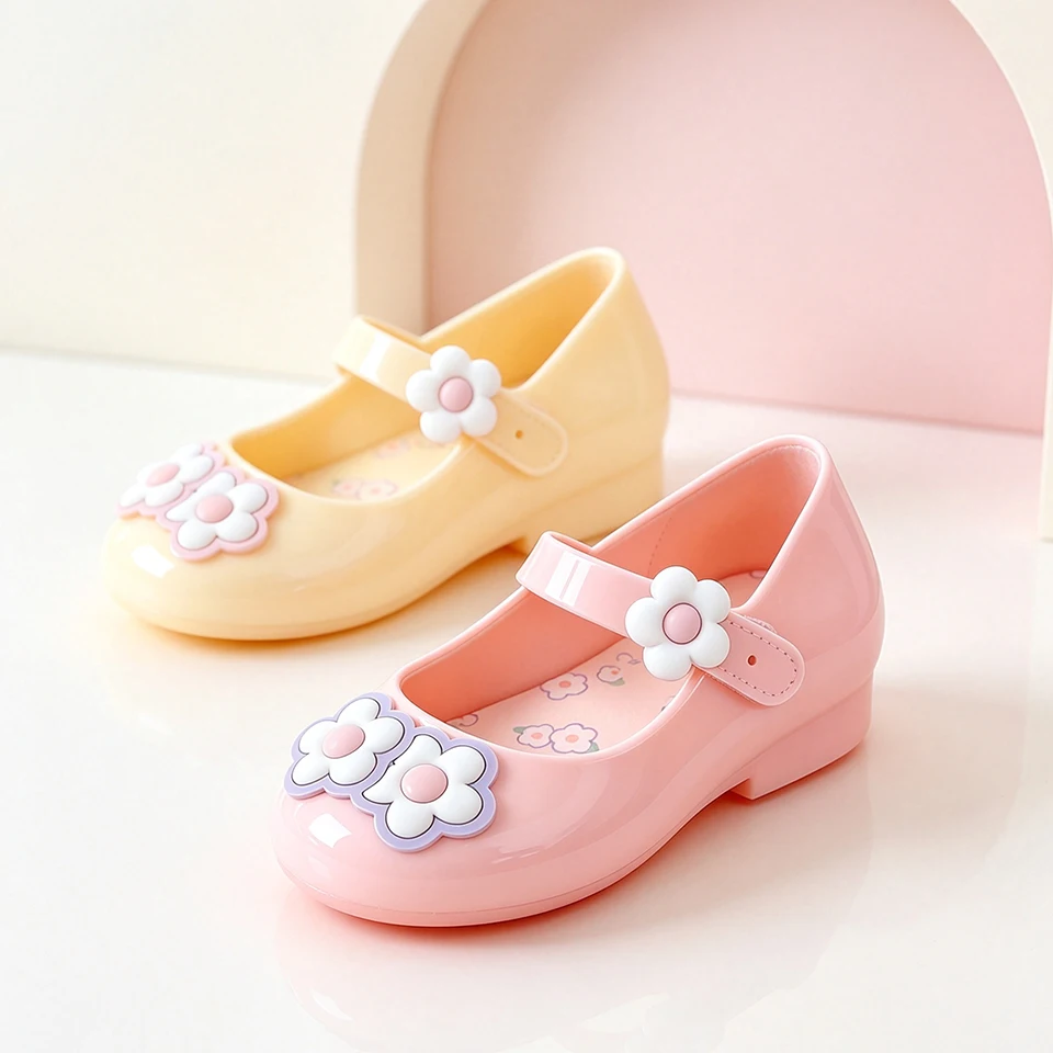 Cute 3D Flower Waterproof PVC Toddler Girls Jelly Mary Jane Flat Candy Shoes Casual Indoor Outdoor Summer Beach Walking Footwear