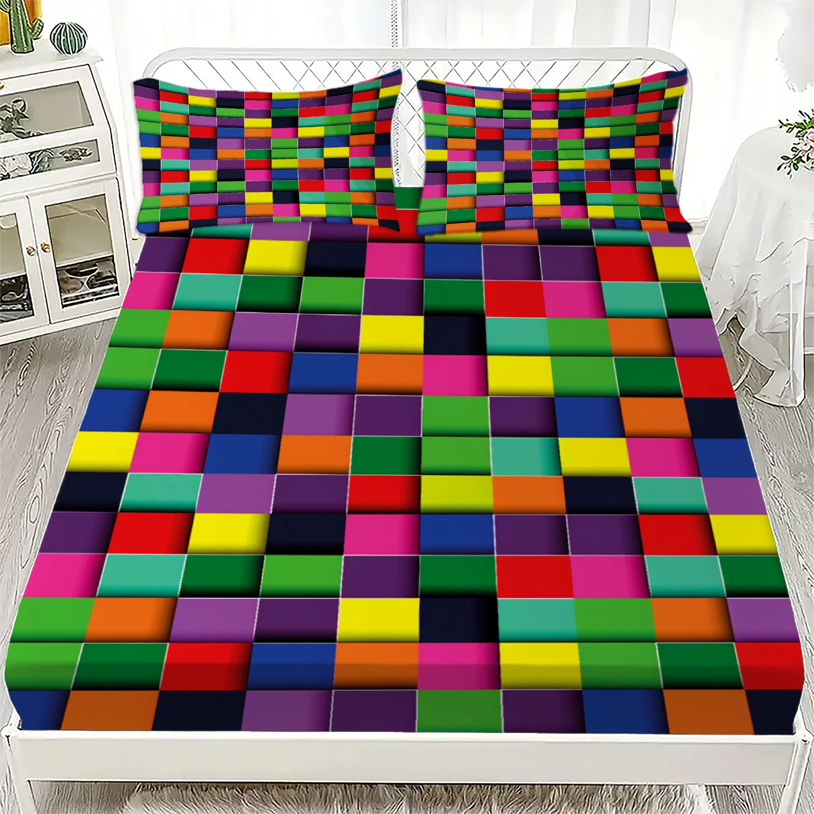 Colorful Checkerboard Fitted Sheet Set 3D Geometric Grid Bedding Set Soft Breathable For Bedroom Decor