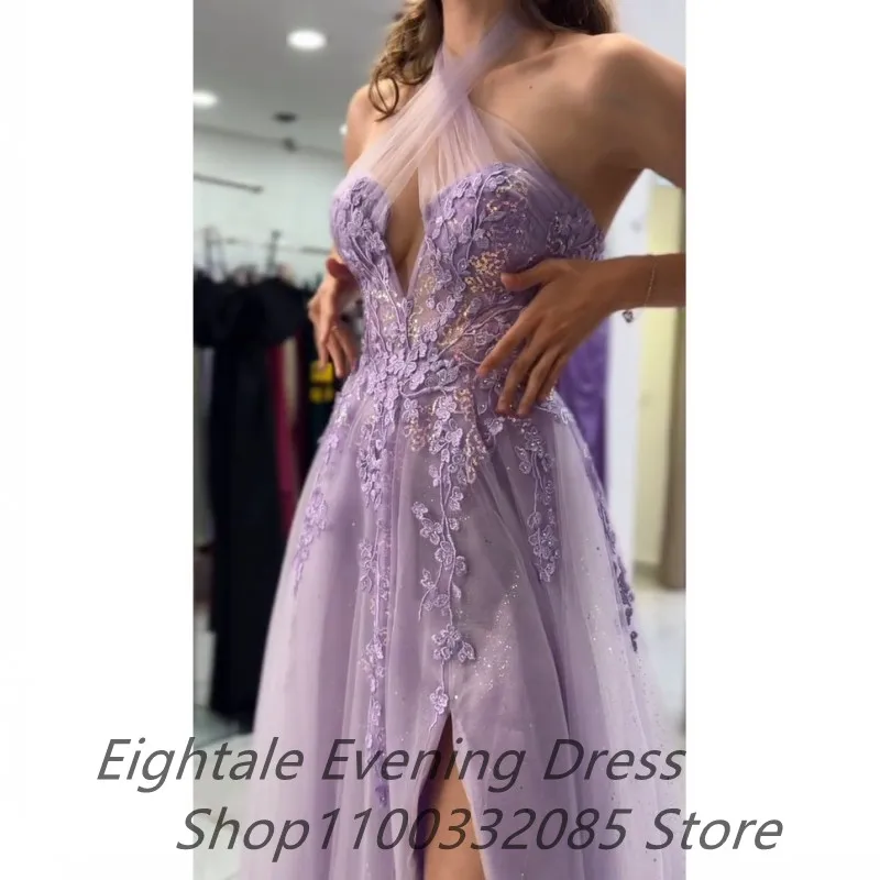 Eightale Customized 2025 Lavender Tulle A Line Evening Dress Wedding Party Halter Neck Sexy Slit Appliques Prom Dress Party Gown