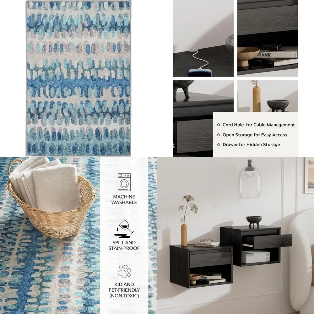 

Washable Geometric Blue Area Rug - 4x6 Feet, Lightweight, Anti-Slip Backing, Mac-Compatible Accent Rug