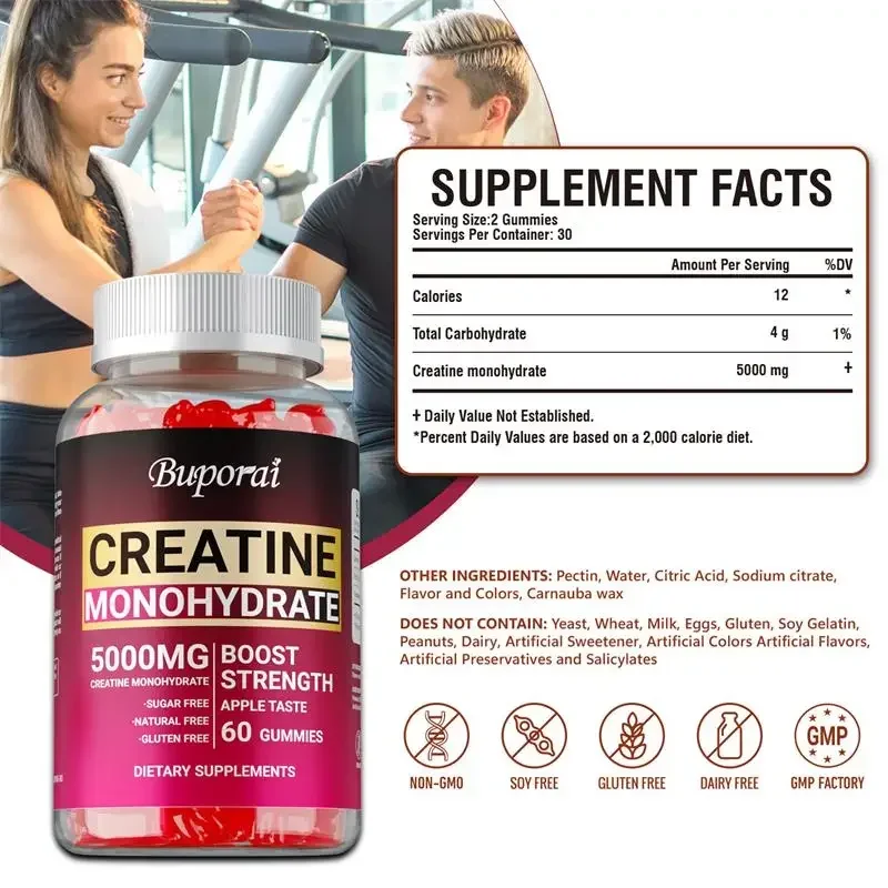 Creatine Monohydrate Gummies - Increases Endurance, Builds Muscle, Improve Athletic Performance, Energy and Focus, Non-GMO