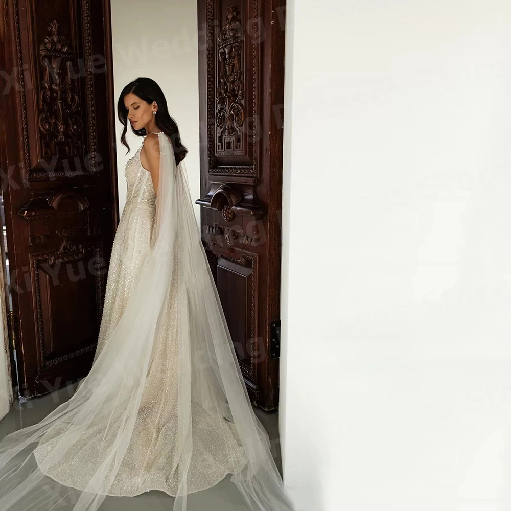 فساتين زفاف نسائية متألقة على شكل حرف A مطرزة فيستدو دي نوفيا أشرطة سباغيتي بدون ظهر فساتين العروس مخصصة رداء دي ماري