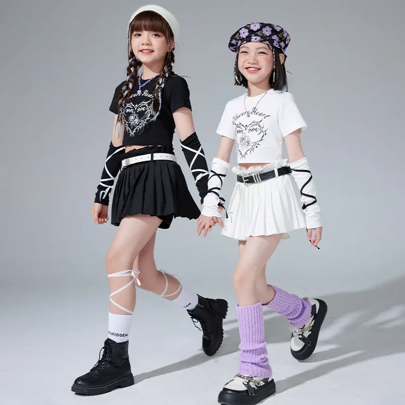 Enfant mignon Hip Hop vêtements blanc imprimé haut court t-shirt manches noir plissé Mini jupe pour fille Jazz danse Costume porter des vêtements