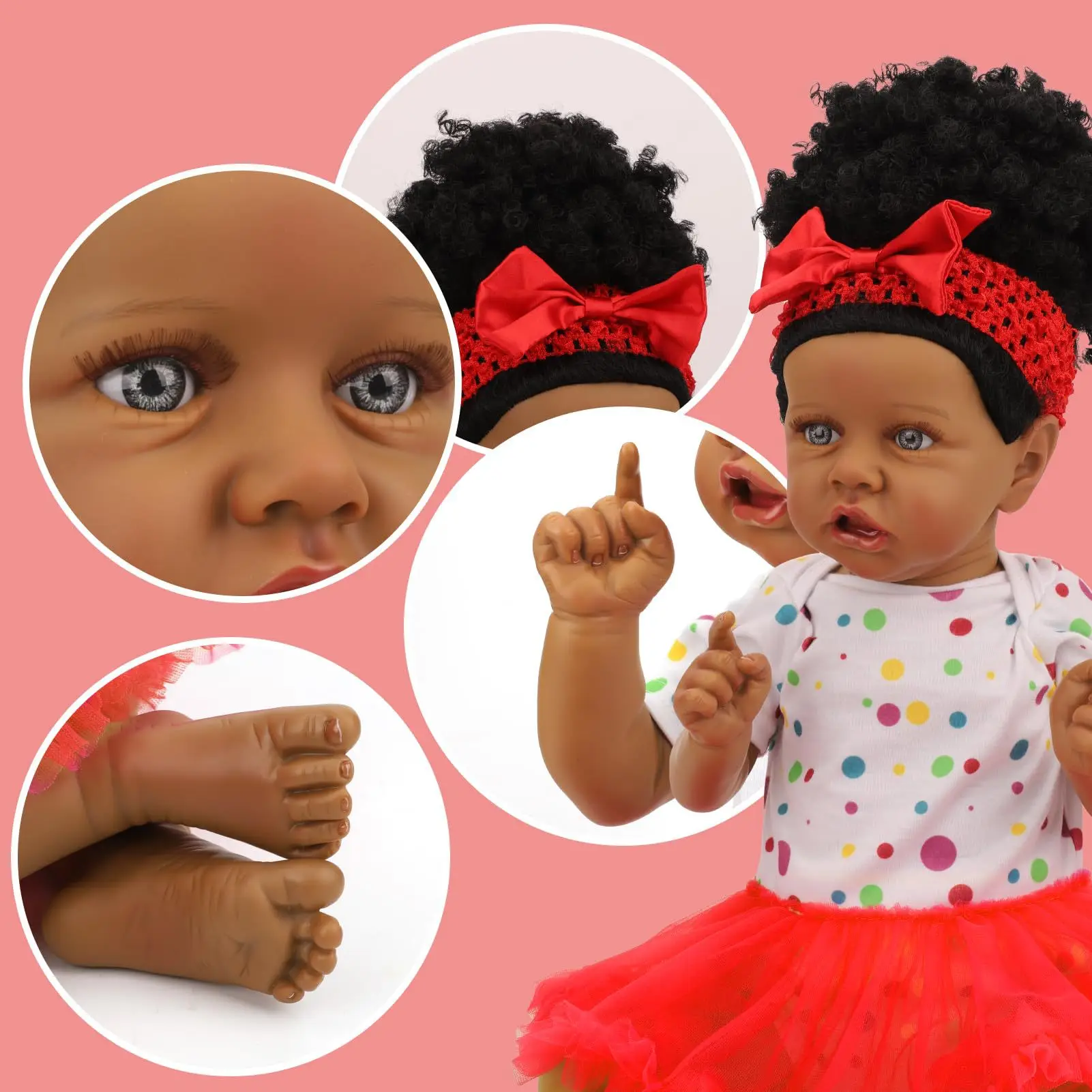 Baby Doll rinato nero da 22 pollici, materiale in vinile morbido, espressioni facciali, ideale per regali e collezionisti di famiglie di corse nere/miste