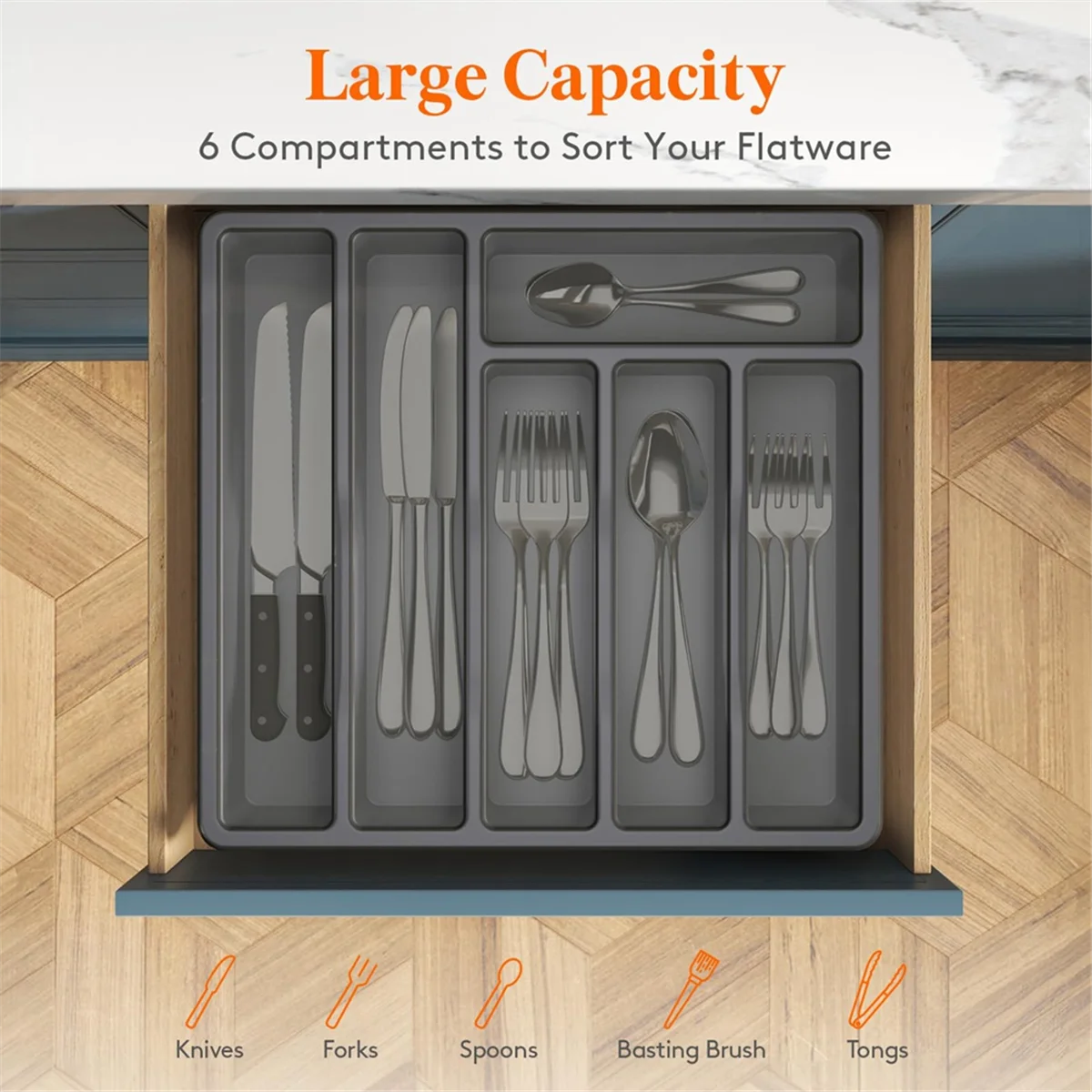 Silverware Organizer with Lid, Covered Utensil Tray for Kitchen Drawer and Countertop, Plastic Cutlery and Flatware