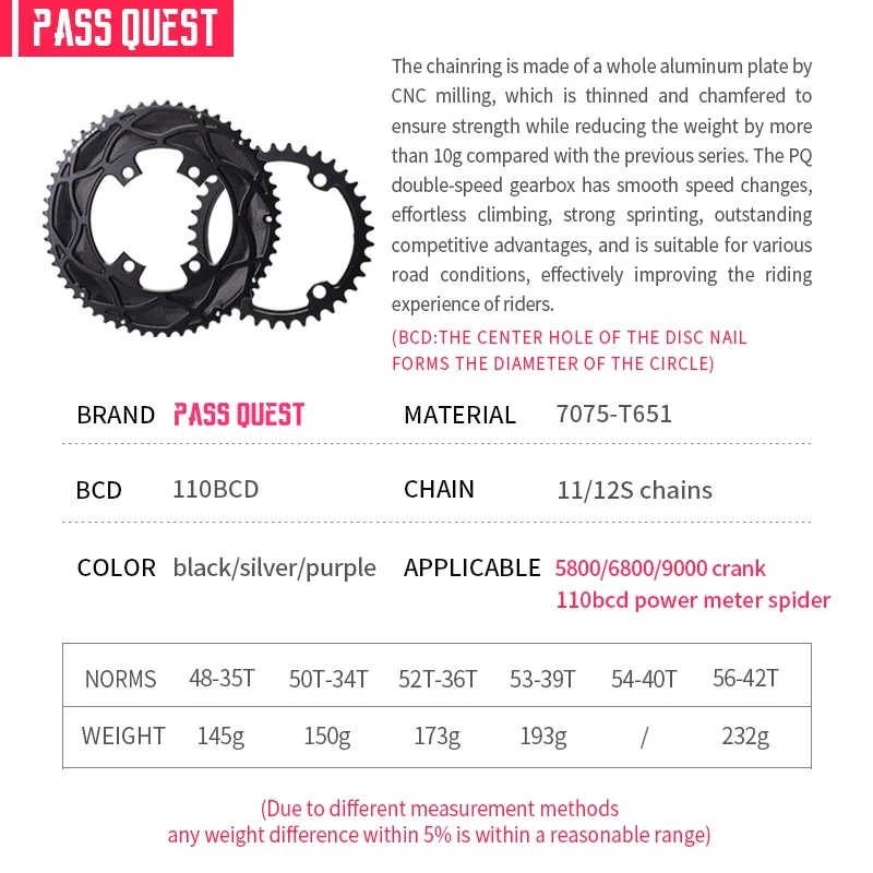 PASS QUEST 110 BCD Chainring for SHIMANO ultegra 6800 dura ace 9000 105 5800 silver 4 bolt double 2x road bike chain ring