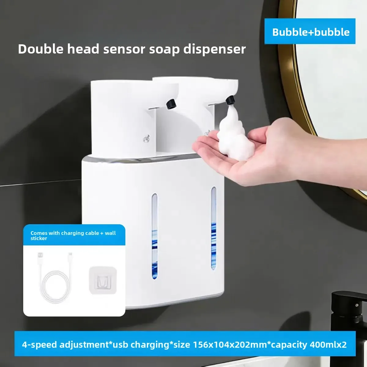 2026Automatic Soap Dispenser USB Rechargeable Double Head Wall Mounted Hand And Dish Soap Dispenser for Bathroom And Kitchen