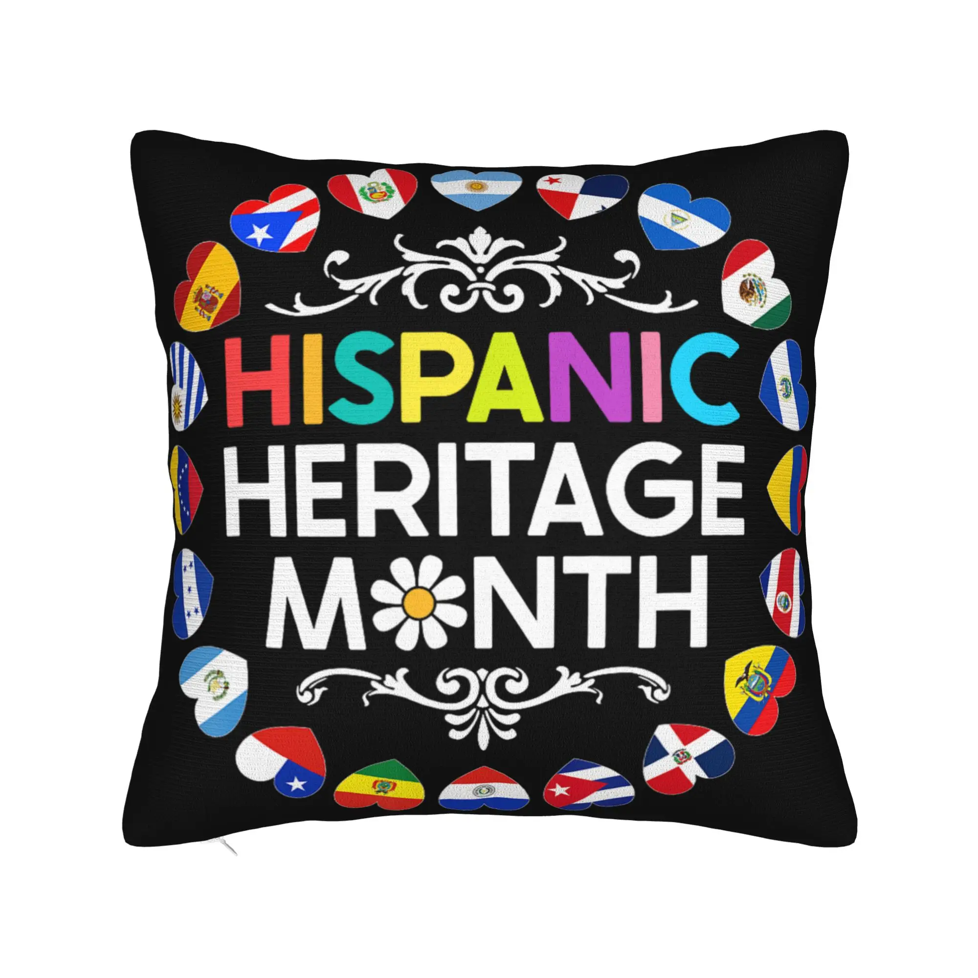 National Hispanic Heritage Month All Countries Flags Hearts Pillow Case  Comfy Pillow Cover Retro Trendy Cushion Cover
