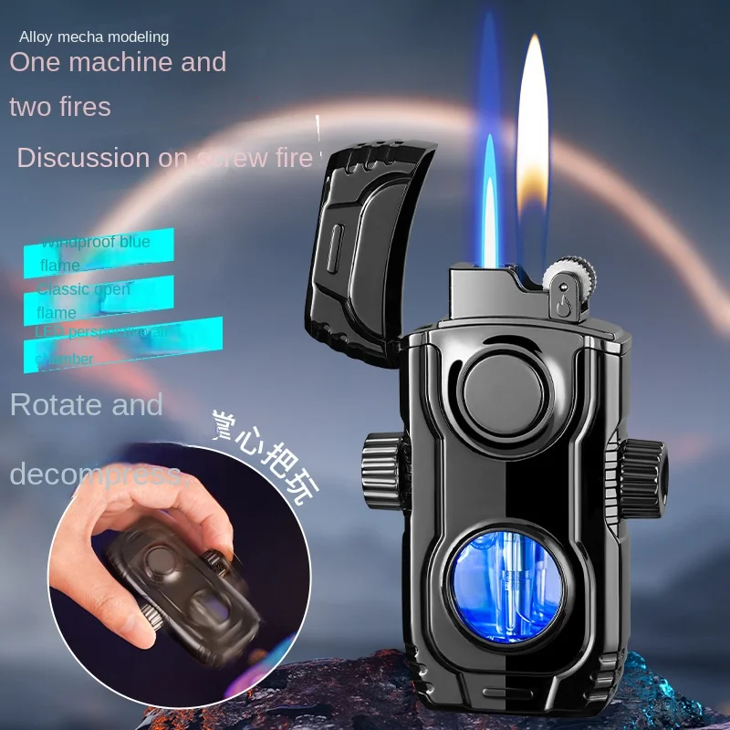 Gyroscope Clock Metal Windproof Cigar Cigarette Lighter Jet Torch Gas Two Types Flames Lighters Smoking Accessory Gadgets for Me