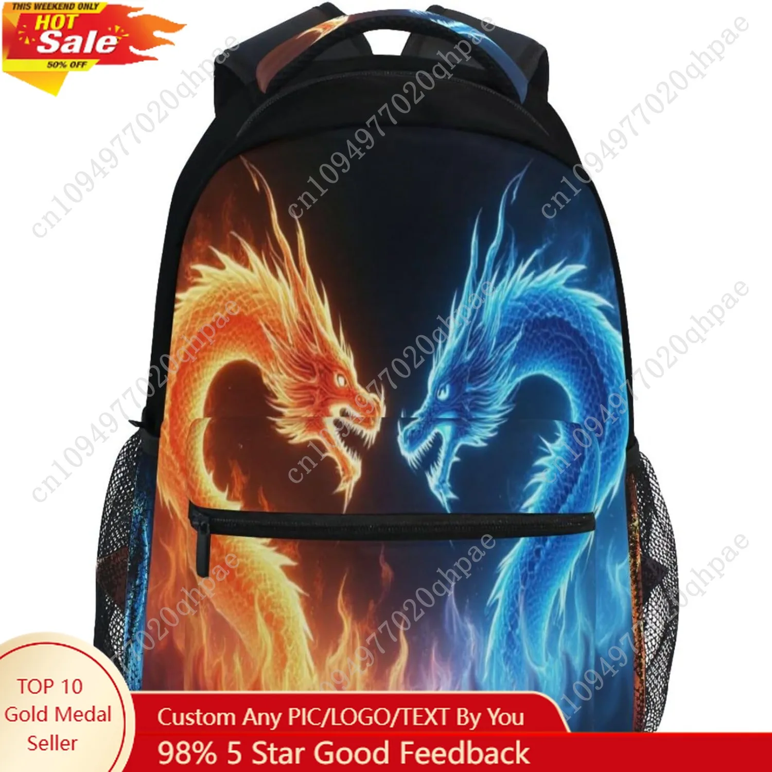 Kcldeci Red Blue Fire Dragon School Backpack Galaxy Teens Girls Boys Kids Bookbag, Monster Animal Water Resistant Elementary Tra