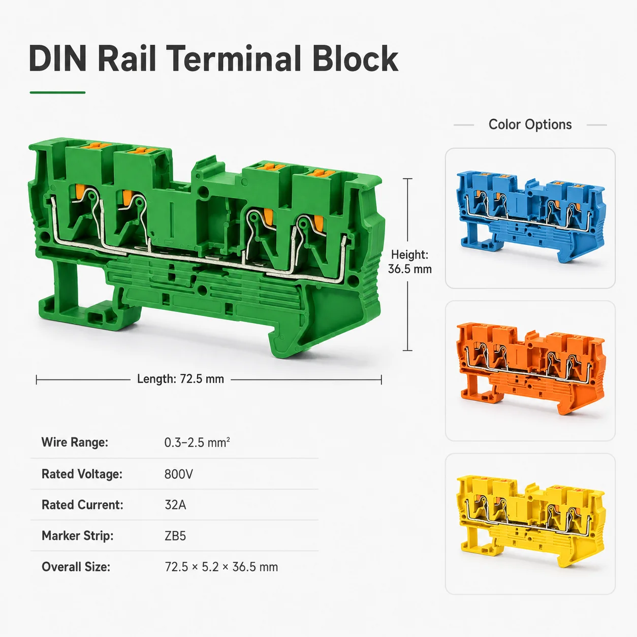 10PCS PT 2.5-QUATTRO Feed Through Spring Cage DIN Rail Terminal Block 24-12AWG 800V 32A