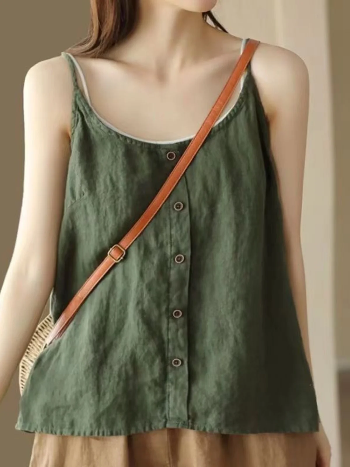 

Cotton Linen Strap Vest Summer New Artistic Retro Top Button Decorative Thin Loose Inner Match Parka Base Layer