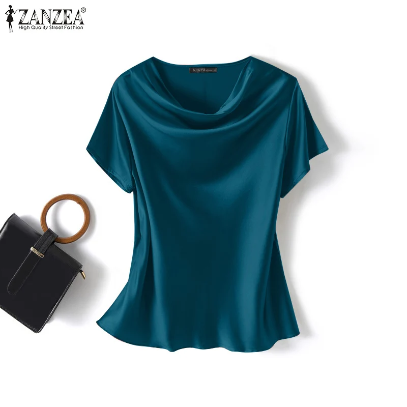 

2026 Summer Blouses ZANZEA Elegant Women Satin Tops Short Sleeve Blusas Stylish O Neck Work Shirt Solid Tunic Chemise Oversize