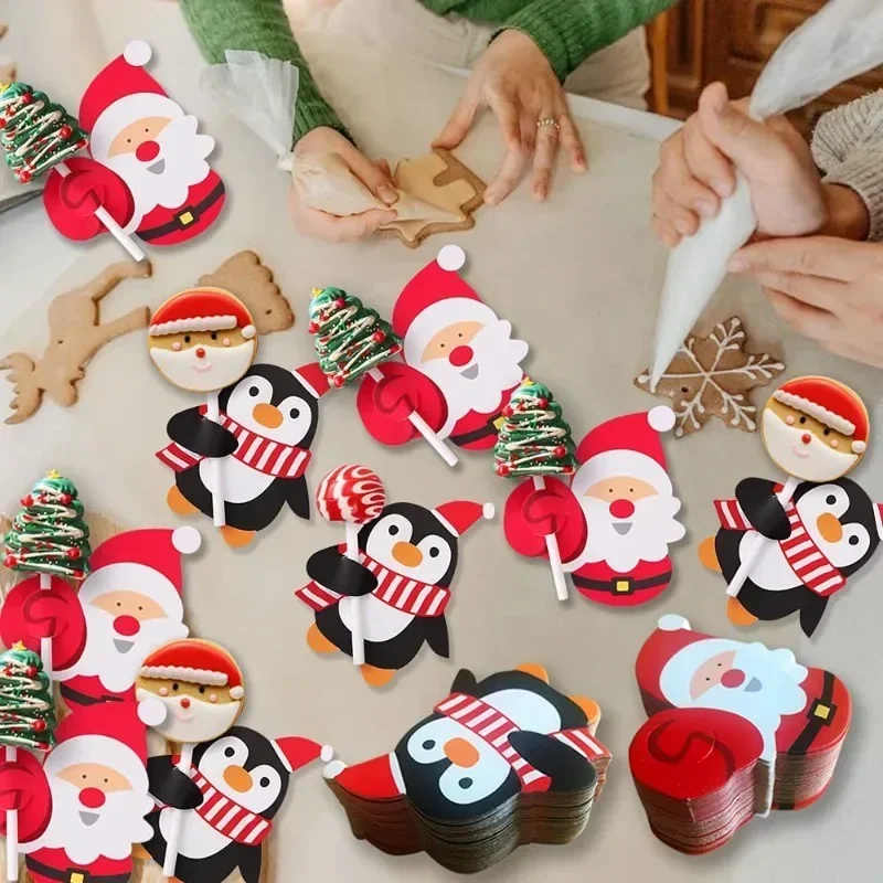 Wholesale Lollipop Paper Cards Christmas Cartoon Santa Claus Snowman Penguin Candy Package Wrap Sugar Holders Gifts Party Decor