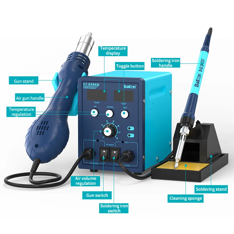 

BAKON Цифровая паяльная станция для разборки 2-в-1 BK8586D Электрический паяльник Инструмент для обслуживания регулируемой температуры