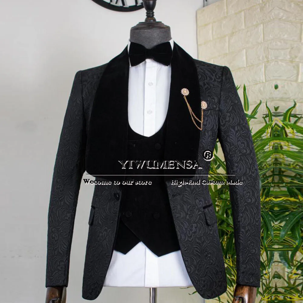 

Boyfriend Jacquard Suits Men Black Shawl Lapel Groom Wedding Tuxedo Custom Made Formal Party Man Business Banquet Prom Blazer