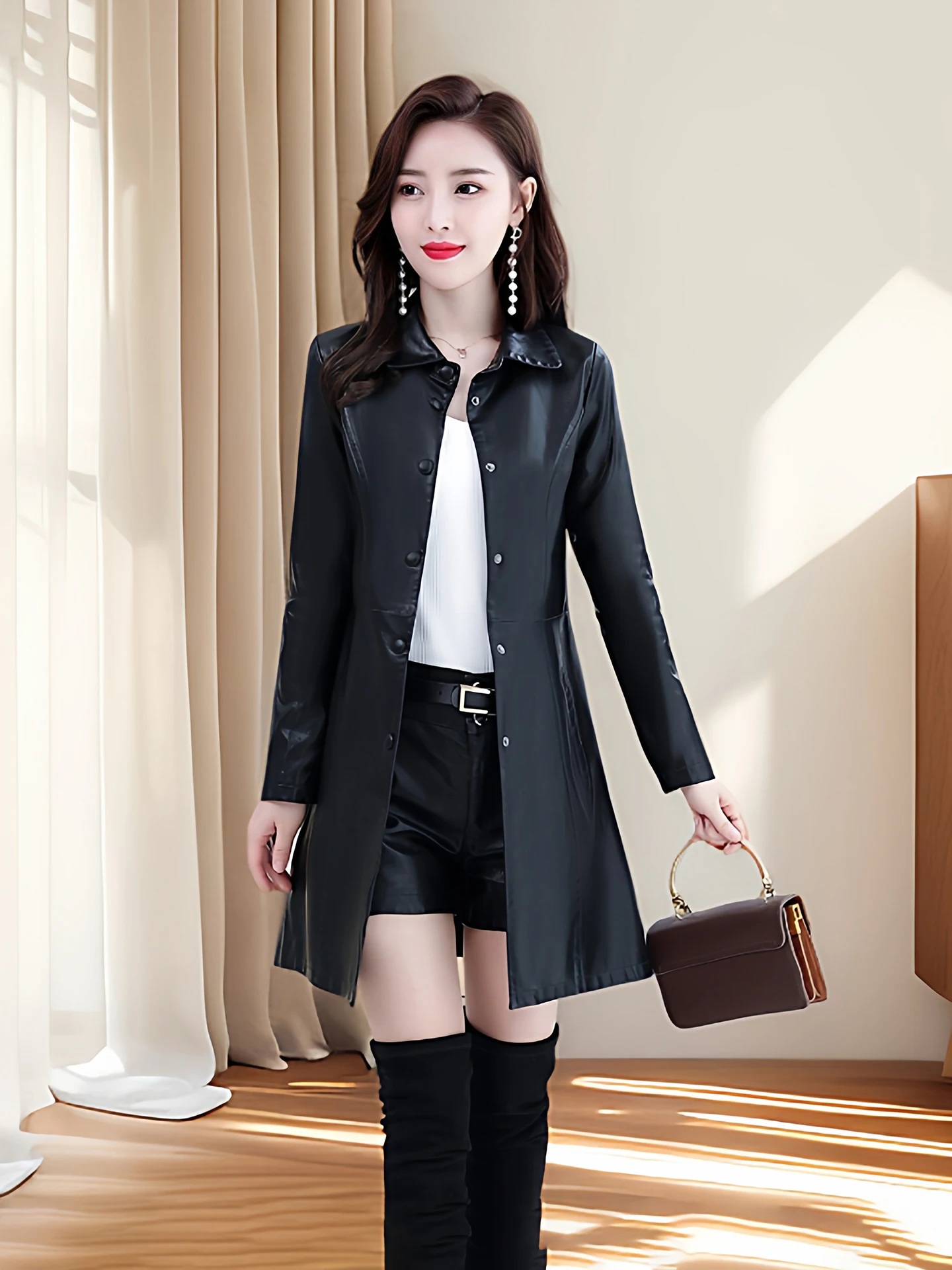 

Женское пальто из натуральной овчины Ning: приталенное, с эффектом утяжки талии, премиум-класса, весна-осень, новая элегантность