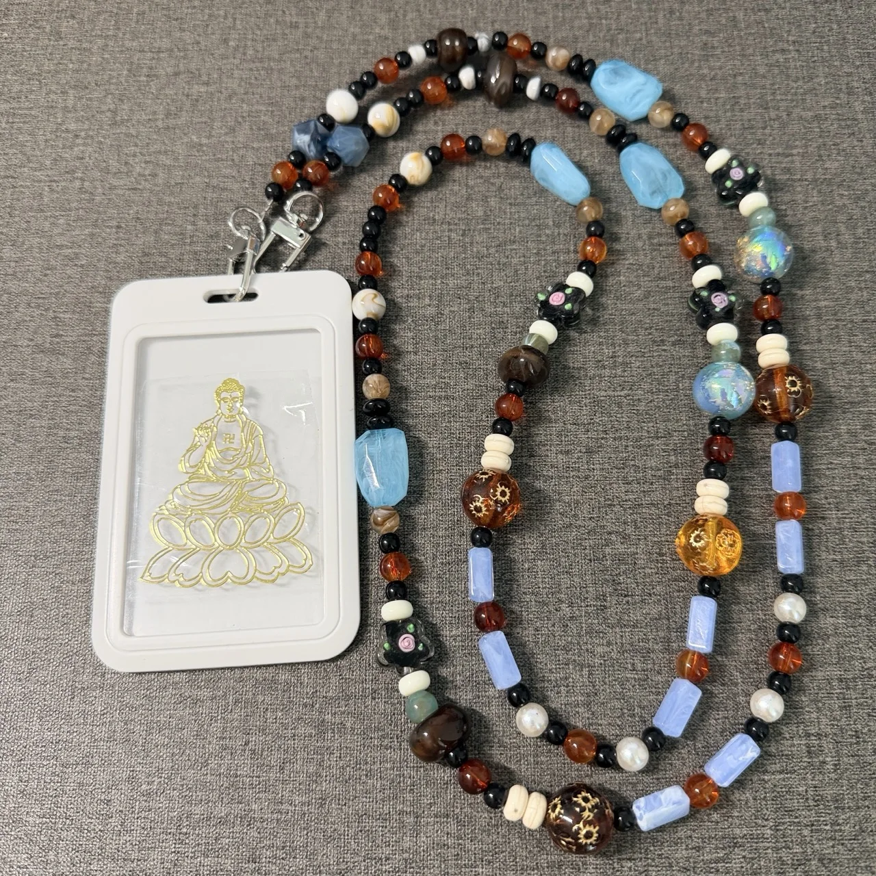Blue Crystal Stone  Buddha Pattern Metal Phone Sticker Lanyard Anti-lost Lucky Card Holder