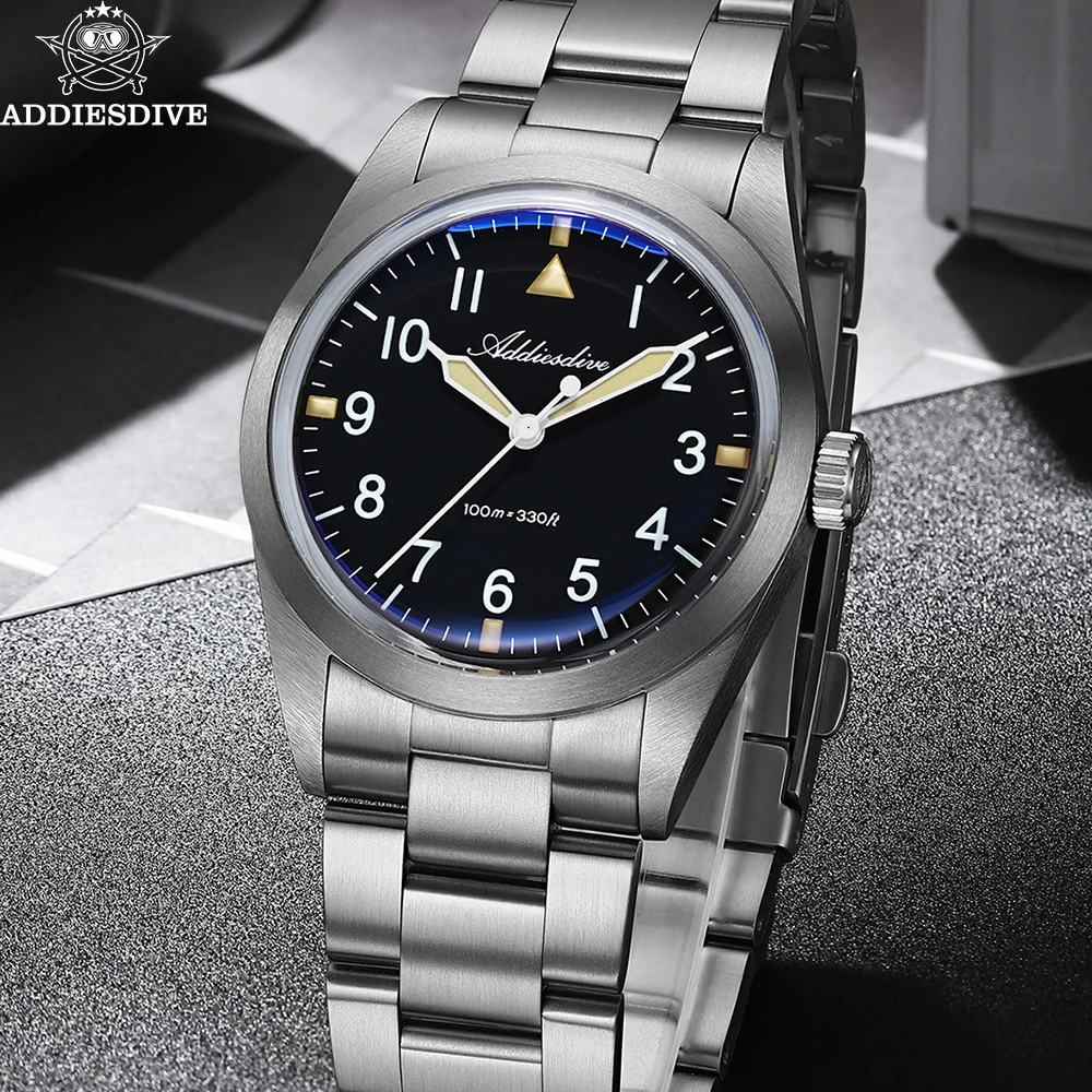 ADDIESDIVE Titanium Watch Men 36mm Luxury VH31 Quartz Wristwatch Super Light New AR Coating Domed Glass Luminous 100m Waterproof