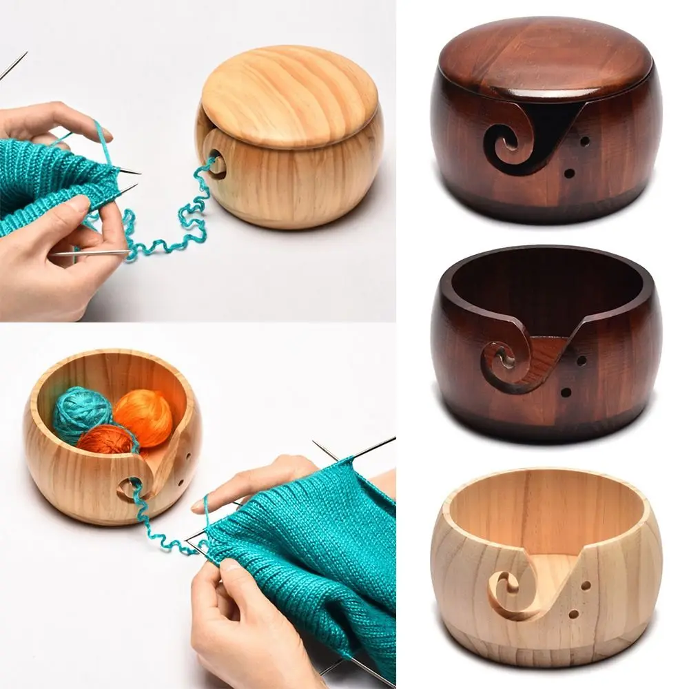 

Bag With Handmade Holes Wooden Yarn Bowl Knitting Crochet Weaving Tool Wool Holder Organizer Woolen Knitting Storage Basket