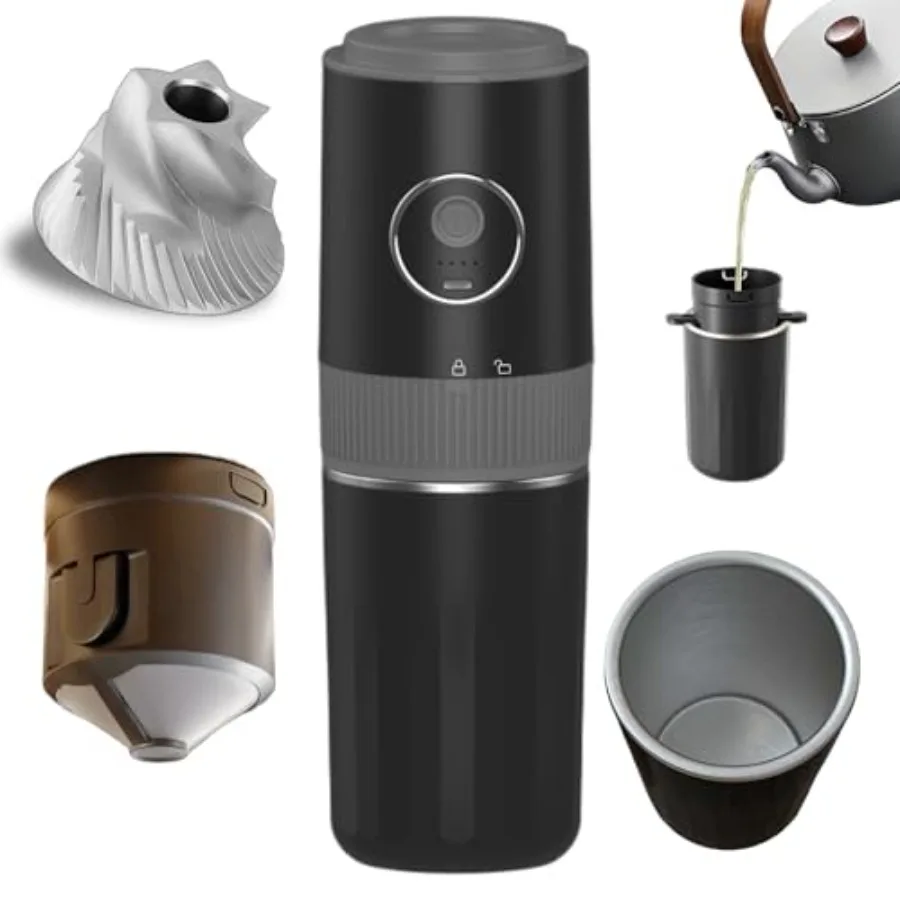 

Portable 2-in-1 Electric Burr Coffee Grinder and Brewing Kit Rechargeable with Conical Mill Insulated Stainless Steel Cup for C