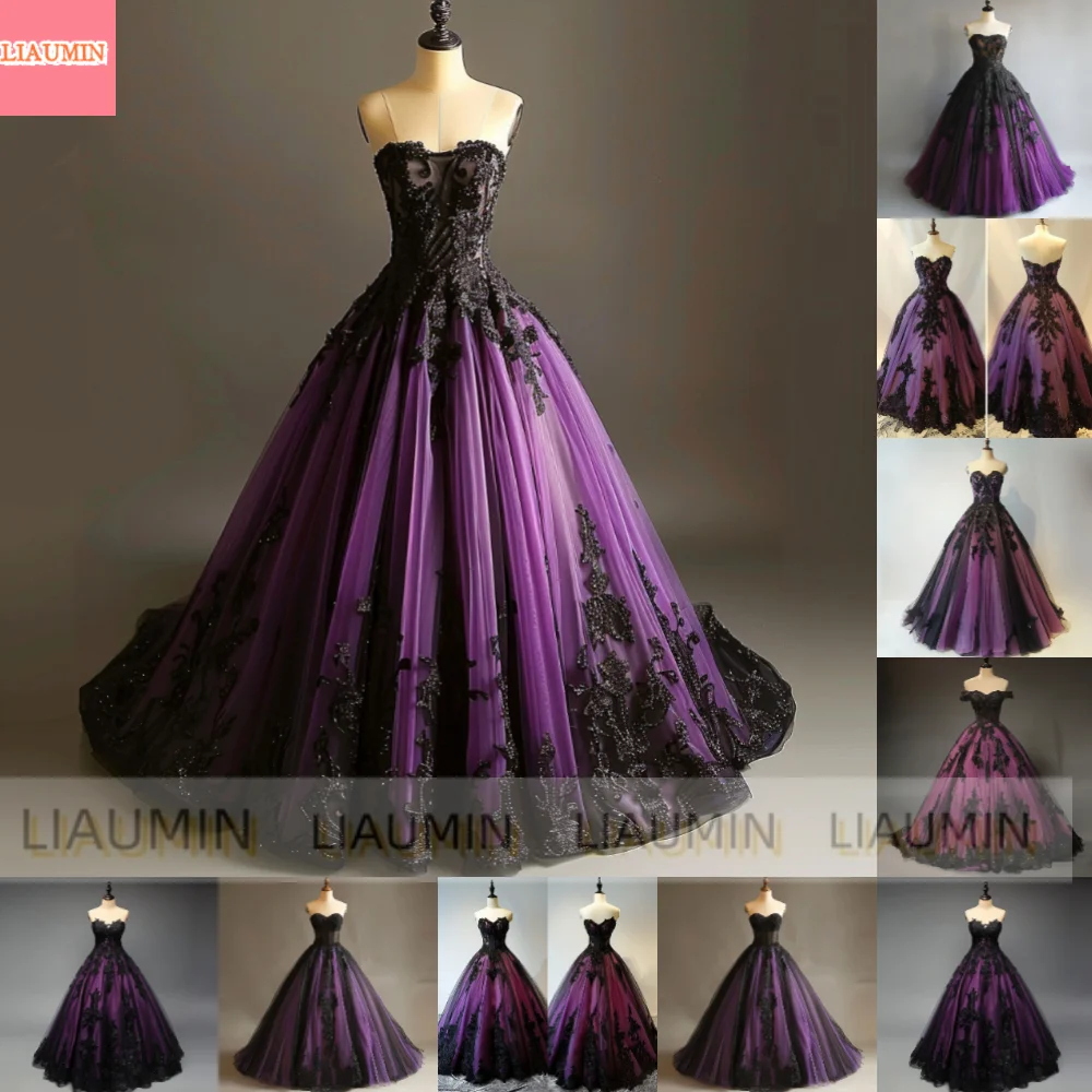 Purple and Black Lace Applique Sweetheart Strapless Ball Gown Full Length Evening Formal Party Prom Dress Customized W11-7