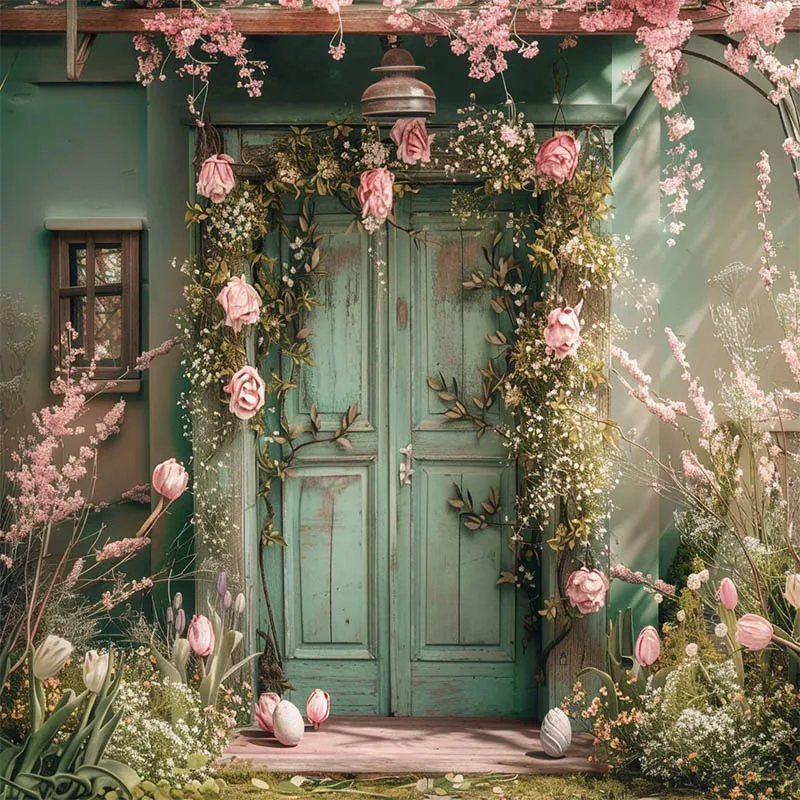 Mehofond Photography Backdrop Vintage Spring Easter Newborn Birthday Party Front Door Eggs Props Flower Wooden Photo Background