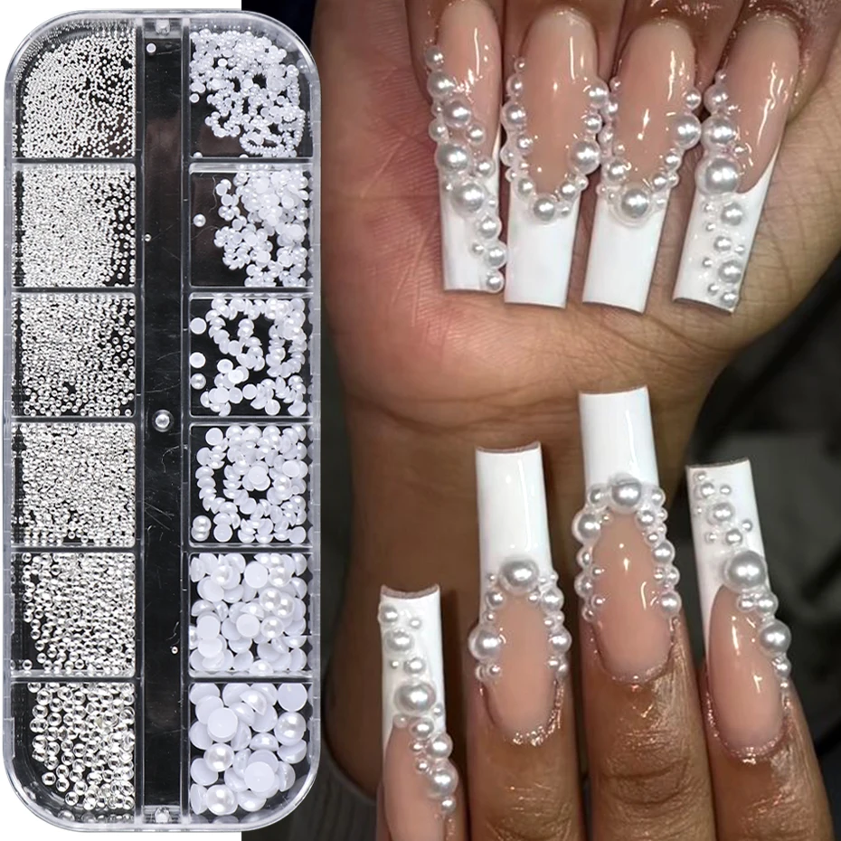 1 صندوق اللؤلؤ الأبيض للأظافر الكافيار حبة مزيج أحجام مسمار الفن سحر ديكور نصف شكل تصميم ثلاثية الأبعاد مجوهرات مانيكير اكسسوارات