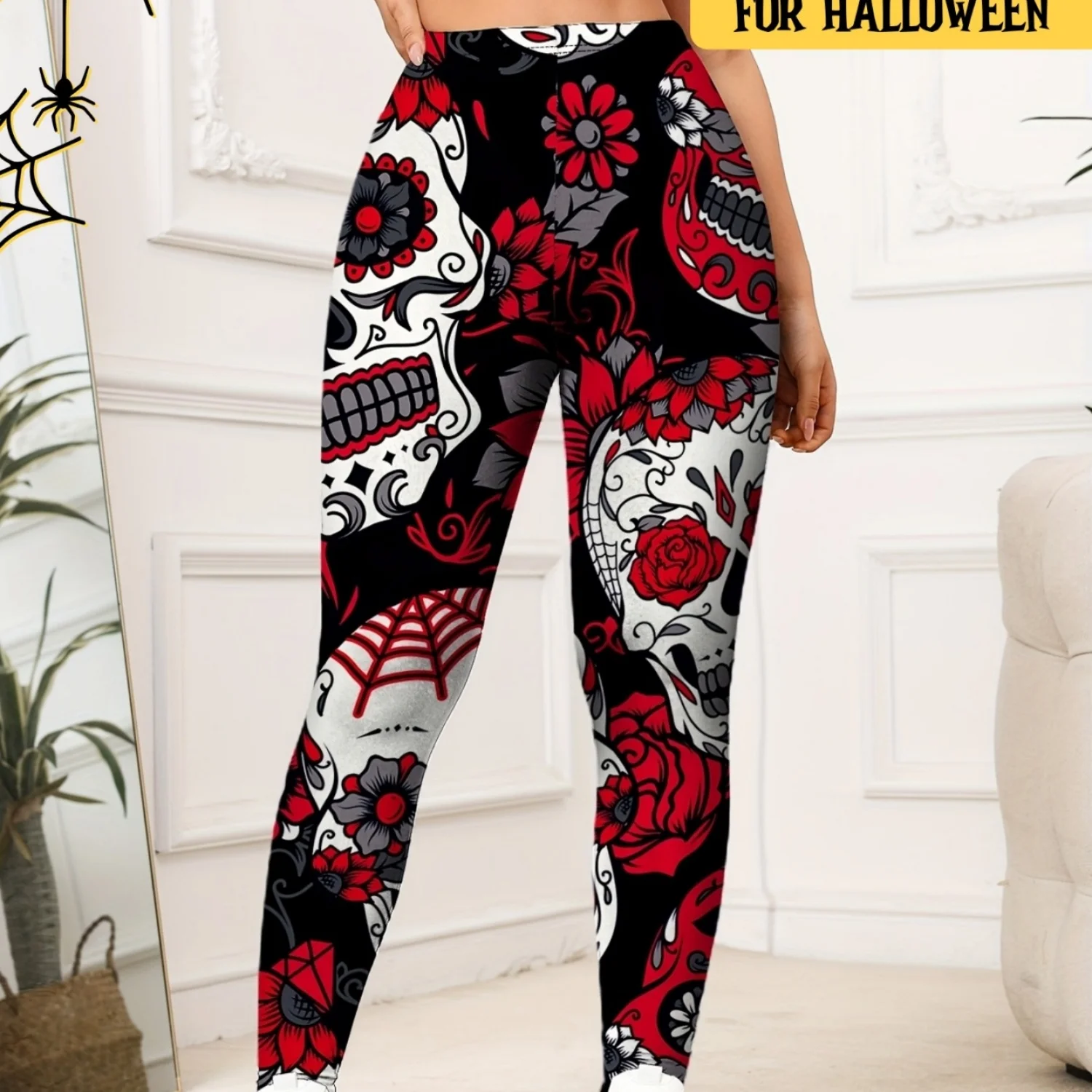 Yoga Pants, Women's High‑Waist Halloween Sugar Skull Rose Floral Print Stretch Leggings, Soft Full‑Length Holiday Costume Workout Casual Pants