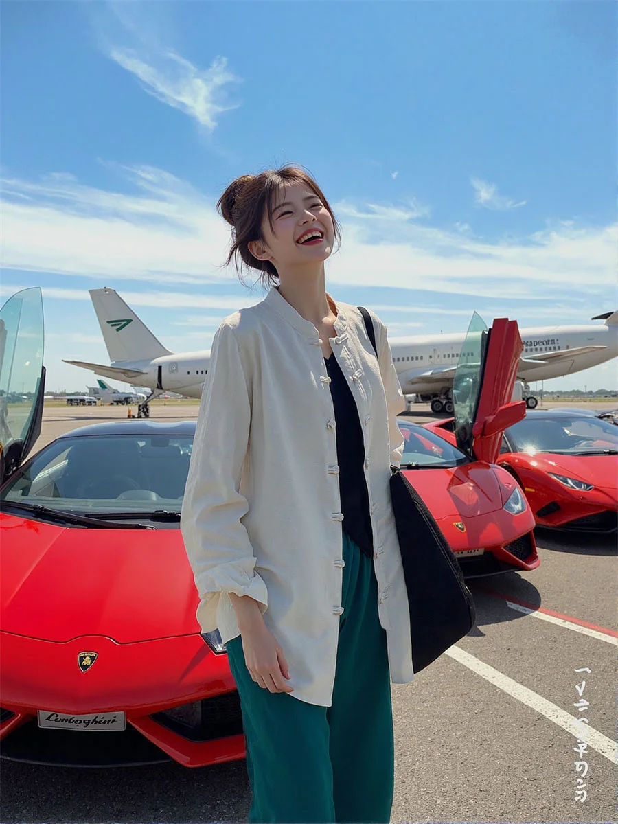 

Long Sleeve Shirts Womens Oriental collar Linen Oversized Blouse Casual Spring Simple Stylish Office Classic Long-sleeved