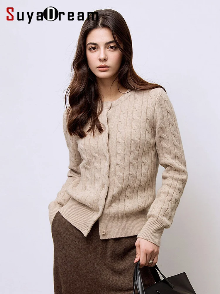 SuyaDream, Brushed Wool Knitted Cardigan Crew Neck Long Sleeve Casual Sweater Women Fall Winter Basic Outerwear
