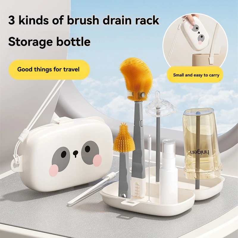 Portable Box Bottle Brush Set Silicone Nipple Straw Cleaning Brush Built-In Drain Rack Travel Set Easter Gift