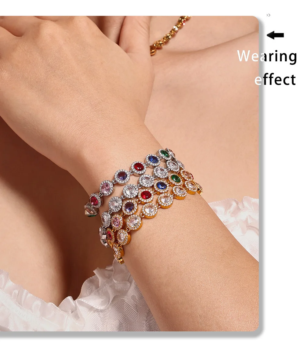 Farbiges Zirkonia-Herzarmband für Damen aus 316 Edelstahl, Vergoldet, Luxuriöser Armreif, Damen-Charm-Schmuck-Accessoires – Detail 4