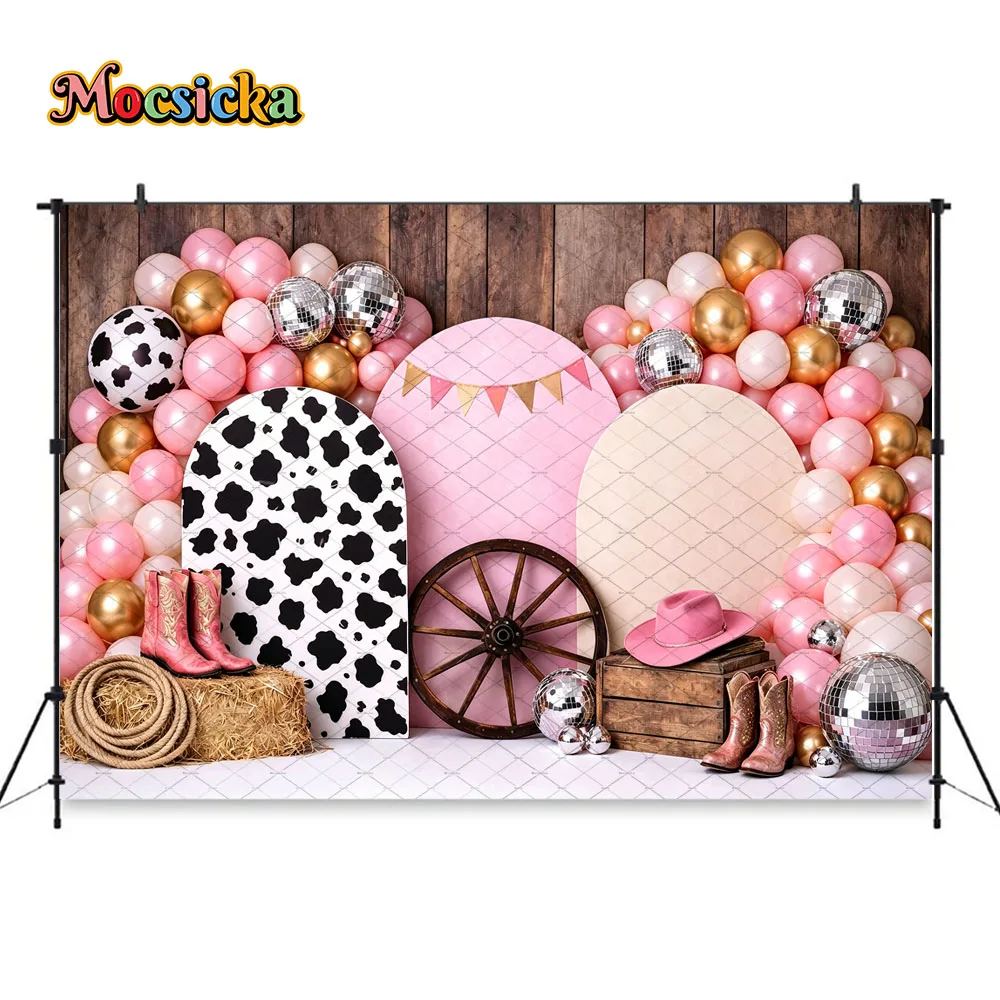 Mocsicka Disco Cowgirl Birthday Photography Backdrop Pink Cow Print Balloon Disco Ball Background Western Rodeo Themed Photozone