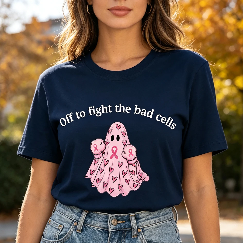 Pink Off To Fight The Bad Cells Ghost Women Shirt Breast Cancer Awareness Tops Pink Ribbon Ghost Tee Breast Cancer Survivor Gift