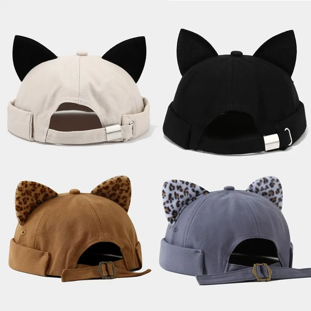 Hip Hop Leopard Print Cat Ears Brimless Hat Rolled Cuff Solid Color Melon Docker Cap Adjustable Retro Skullcap Outdoor