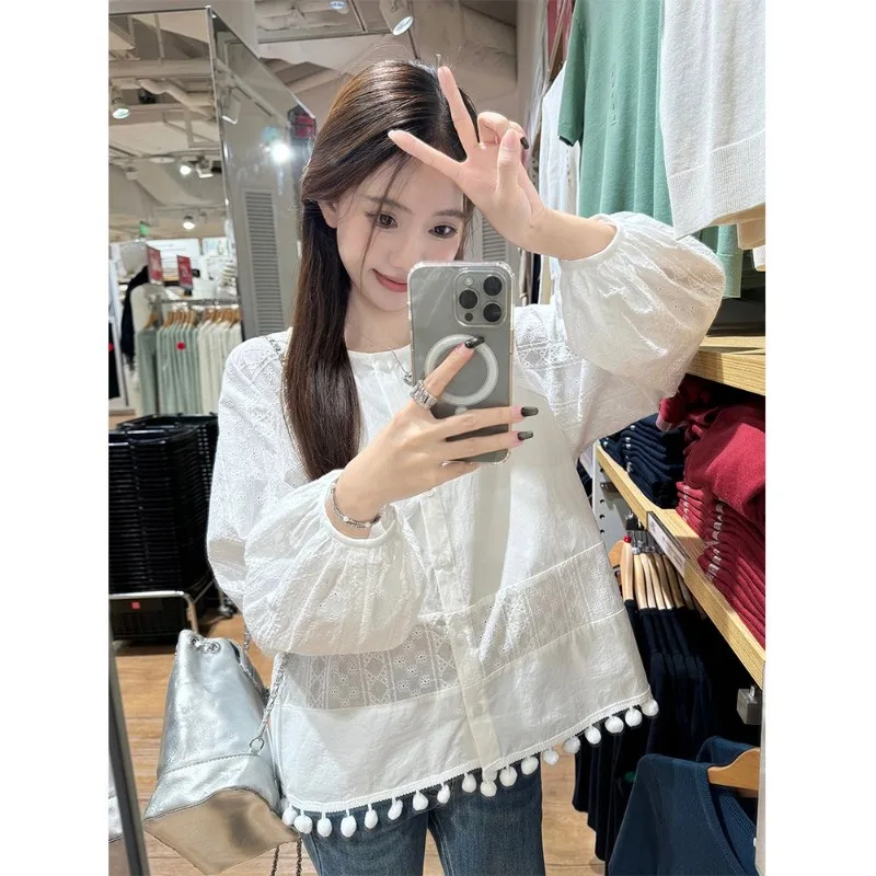 หญิงฤดูใบไม้ผลิฤดูร้อน Preppy สไตล์สดชื่นปุ่ม Hollow Out สีทึบ O-คอผู้หญิงเสื้อหวาน Kawaii แขนยาว Top Tee